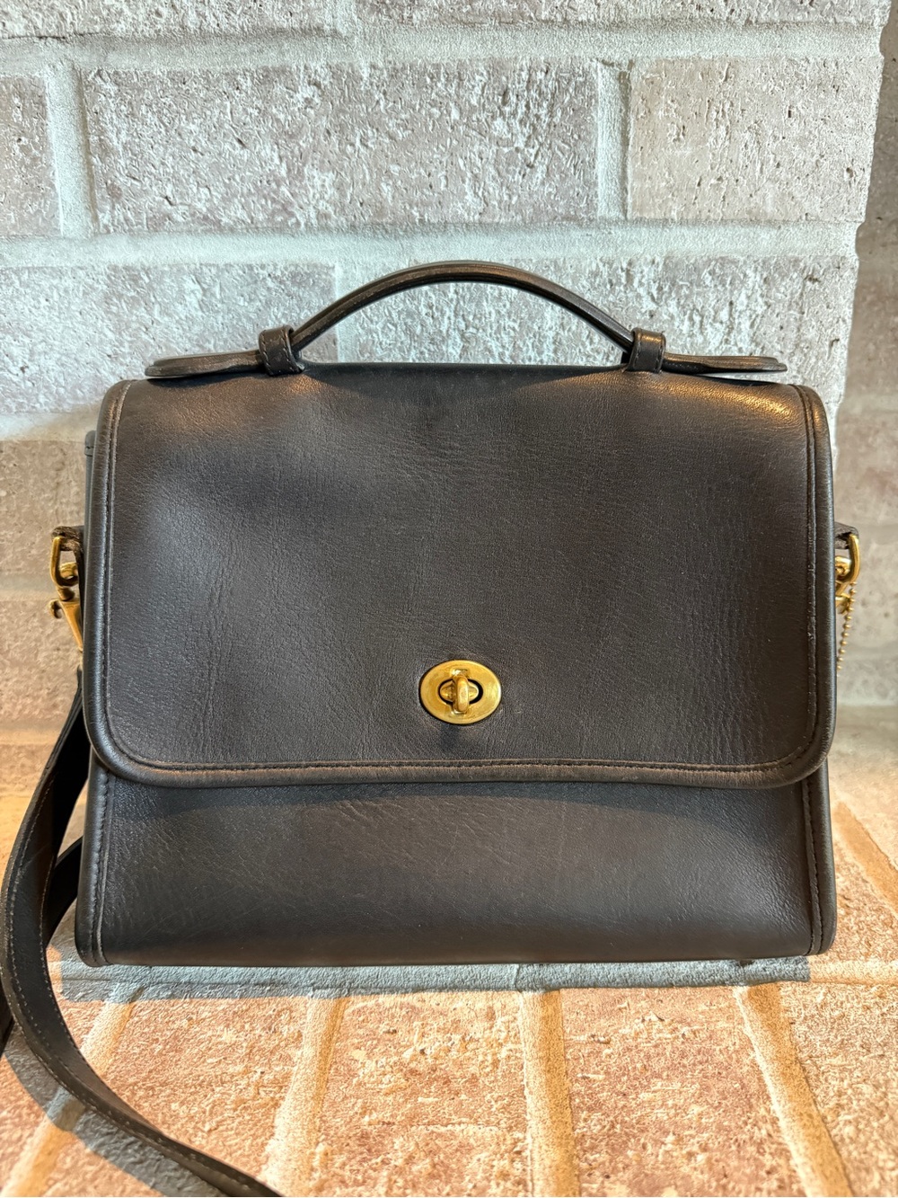 Coach Vintage Court Black Leather Crossbody Satchel with Gold-Tone Turnlock
